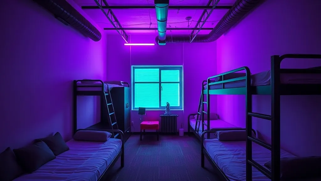 Industrial minimalist hostel room interior, high contrast, d