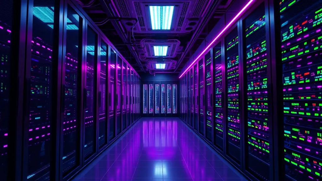 A high-tech server room with glowing purple and green lights