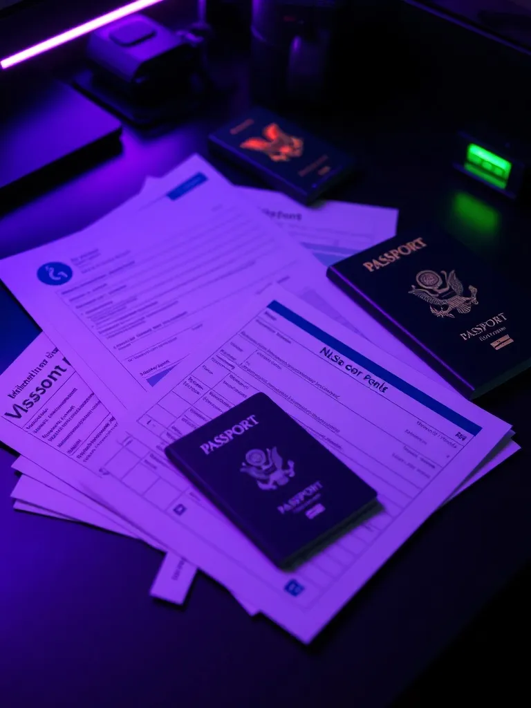 A high-contrast macro shot of a pile of official travel docu