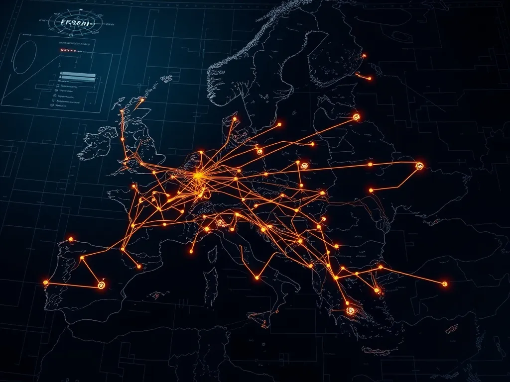 A technical schematic map of transportation routes over Euro