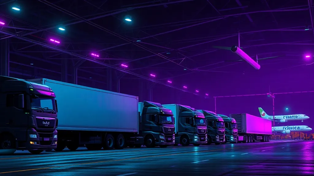 Industrial transport logistics hub with trucks and cargo pla